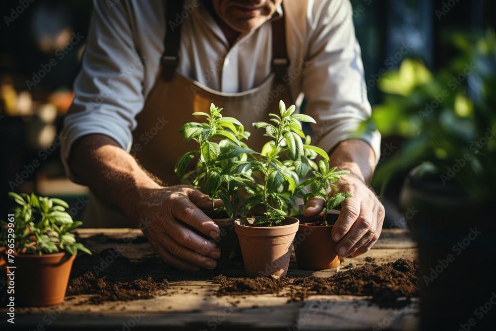 Fototapeta premium Close up of hands of charming man transplants flowers in a flower shop