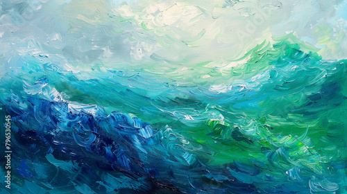 Dynamic visual experience of the sea in cobalt and kelly green on a textured acrylic canvas. photo