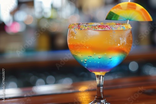 Vibrant Rainbow Layered Cocktail with Ice and Umbrella Decoration photo