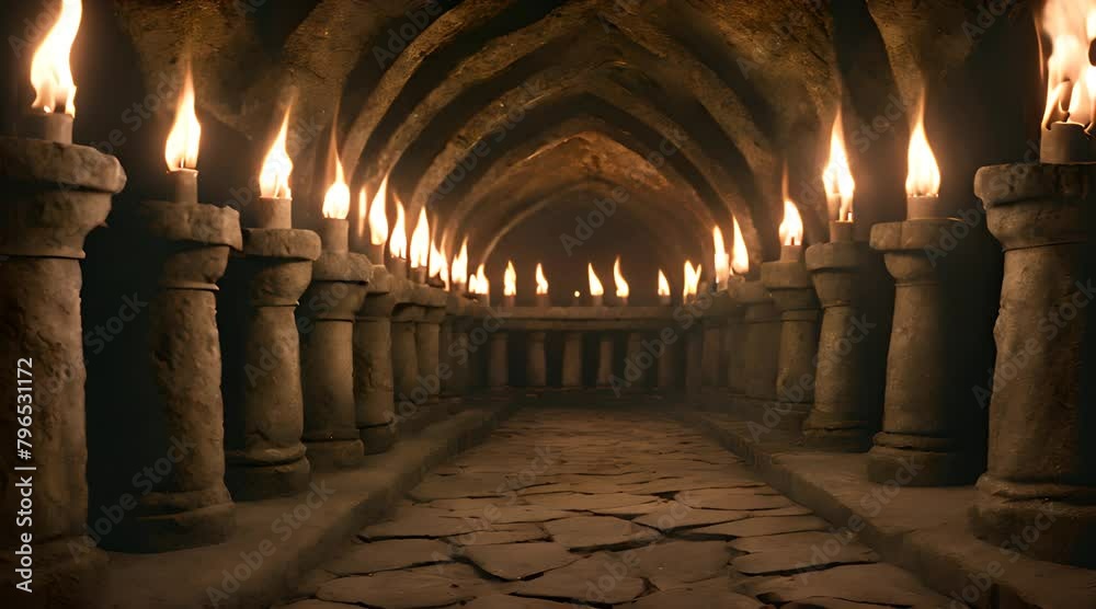 Scary Endless Medieval Catacombs with Torches. Mystical Nightmare Concept