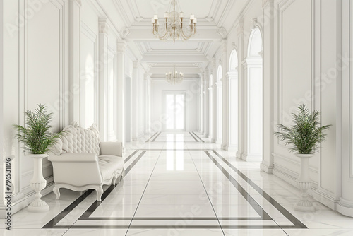 Luxurious white building corridor interior design with modern waiting chairs