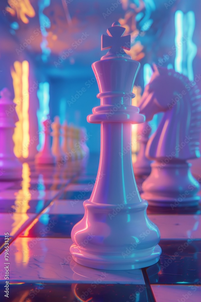 Chess pieces in neon light. Board game. A competitive concept. Trendy colors
