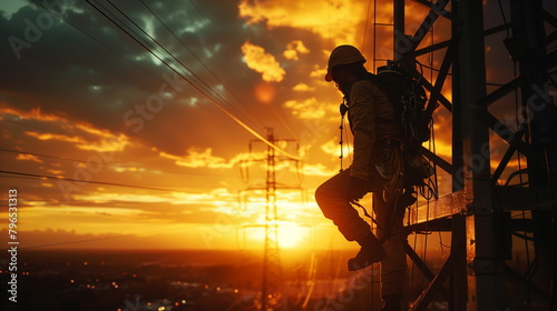 silhouette of a lineman on steel tower with sunset background photo