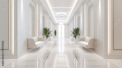 Luxurious white building corridor interior design with modern waiting chairs
