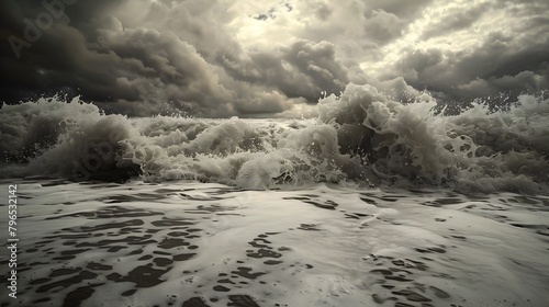 Stormy Seascape of Crashing Waves and Dark Skies over Windswept Sandy Beach photo
