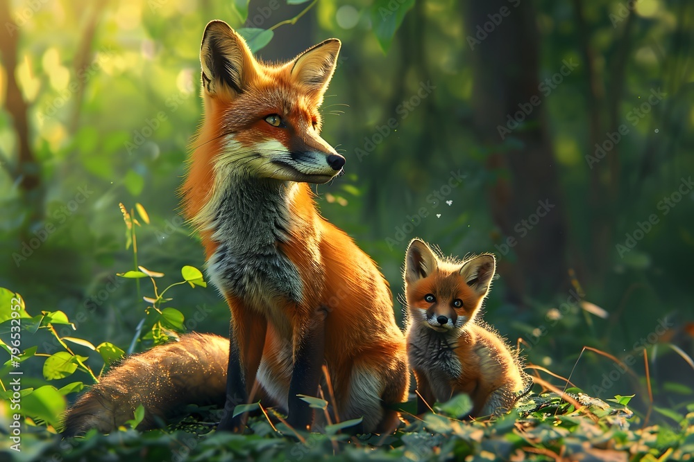Naklejka premium Fox and cubs in the forest. Blurred background.