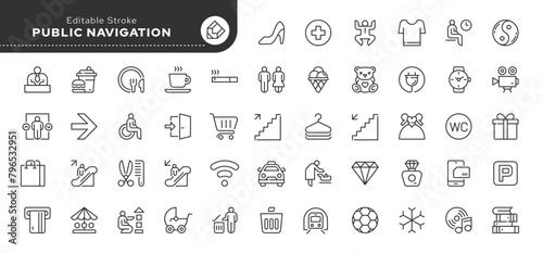 Public navigation in a shopping center, store, market. Set of line icons in linear style. Outline icon collection. Conceptual pictogram and infographic