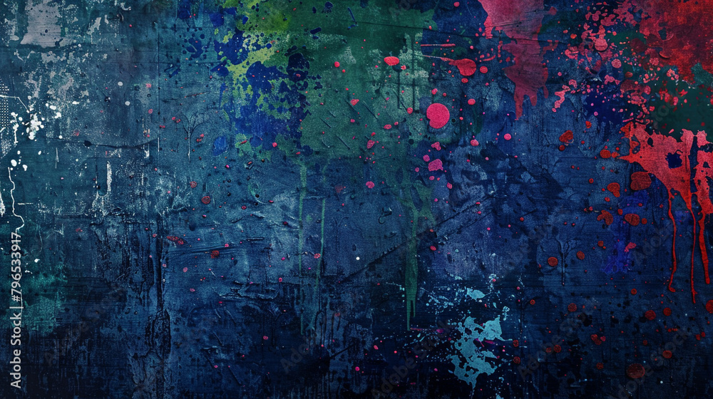 Splashes of midnight blue, ruby red, and forest green merging into a symphony of color against a backdrop of gritty, worn-out textures of layered paint.
