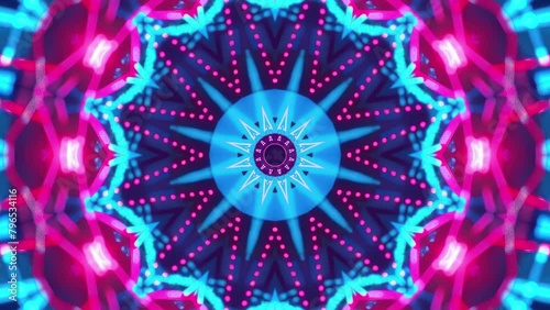 Radiant hues and intricate patterns come together in the seamlessly looping abstract saber neon light kaleidoscope mandala in 4k.