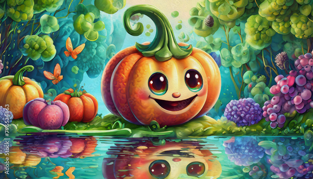 oil painting style CARTOON CHARACTER CUTE pumpkin isolated on white background, top view. side front,