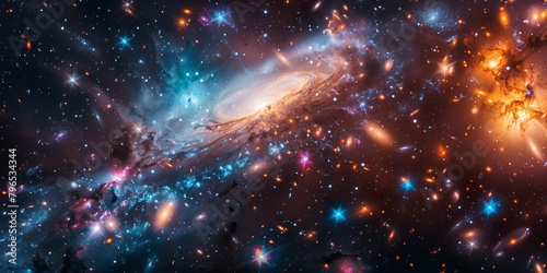 A colorful galaxy with a bright orange spot in the middle