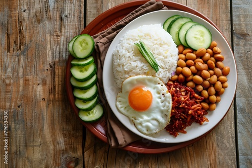 Traditional malaysian food "nasi lemak" on the wooden table