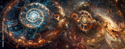 An artistic depiction of time blends cosmic events with clockwork, resulting in a captivating combination of celestial and earthly timekeeping.
