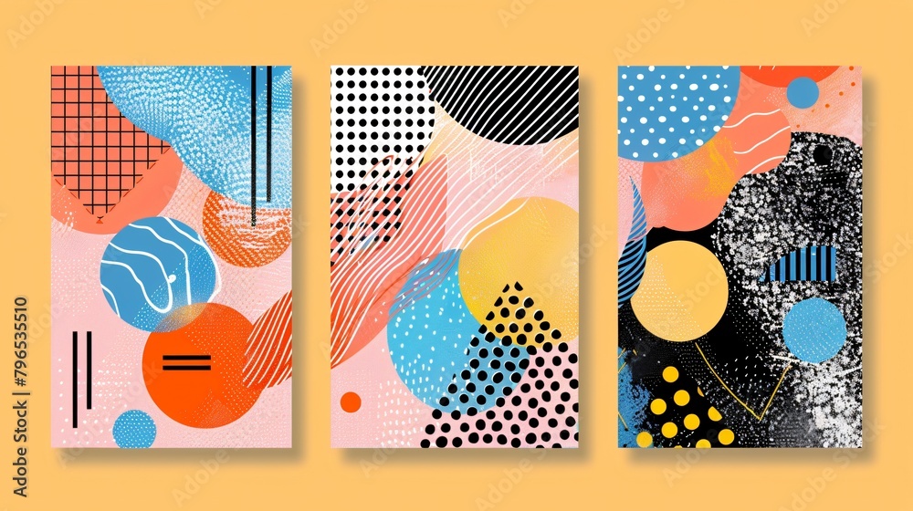 Bright modern abstract canvas with geometric elements and vibrant lines in a three panel design
