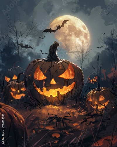 A large scary jack o'lantern with a full moon in the background. There are bats flying around and a spider on the ground.