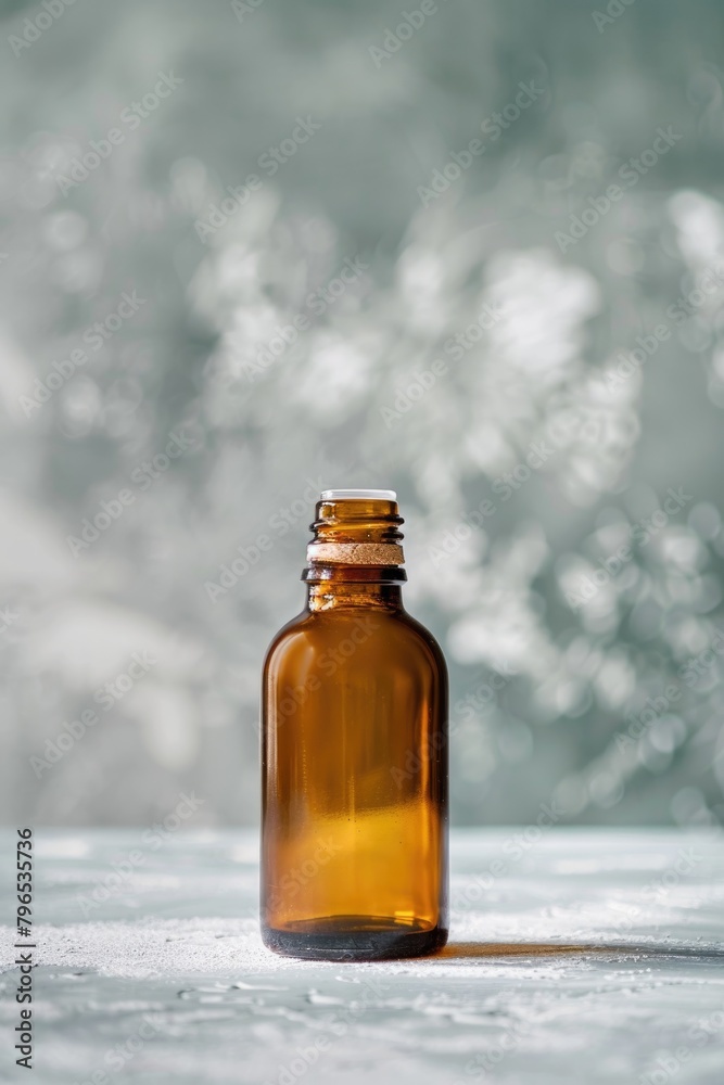 Essential Oil Bottle on Spa Towel with Tranquil Nature Backdrop Essential Oil Bottle on Spa Towel with Tranquil Nature Backdrop