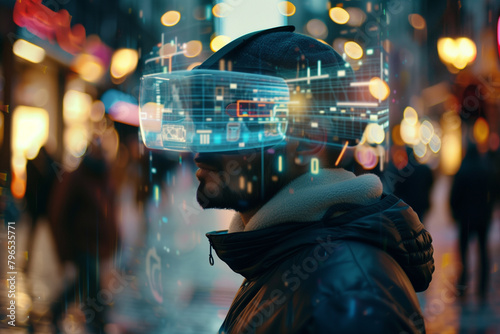 Close-up of a man with a VR headset, interacting with invisible digital elements on a busy street.