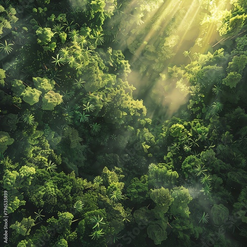An aerial view of sunlight shining through the canopy of a lush green rainforest.