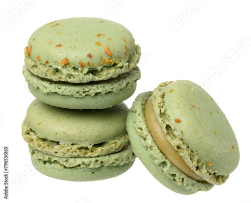 Stack of pistachio macarons on isolated background