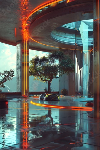Sci-fi futuristic interior with a tree in the middle photo