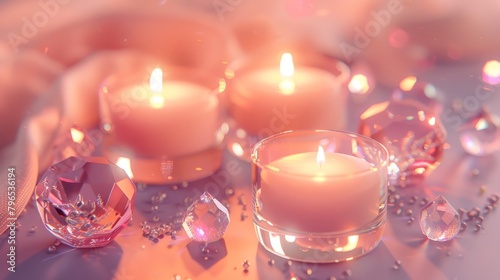 Pink candles and crystals on a pink background