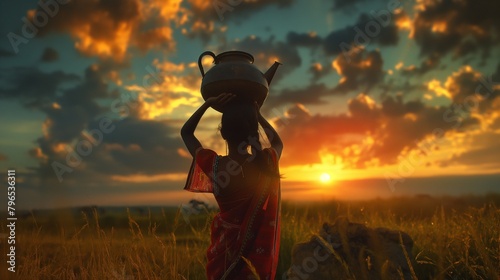 A girl carrying a jug of water on her head from a distant well.