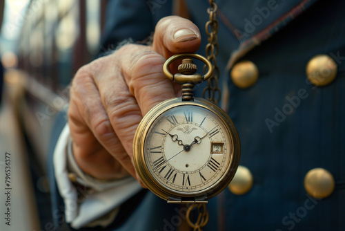 Close-up of a vintage pocket watch held by a passenger, capturing the timeless elegance of the Orient Express departure