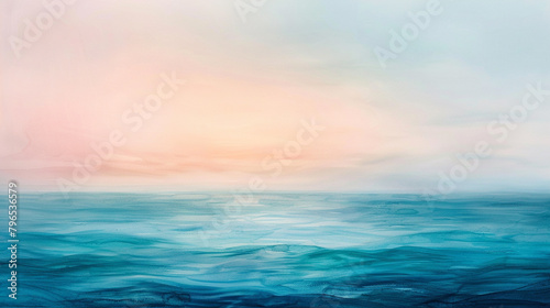 Subtle gradients of color blending harmoniously through precise watercolour techniques, resulting in a tranquil seascape against a backdrop of serene, blended paint wash. photo