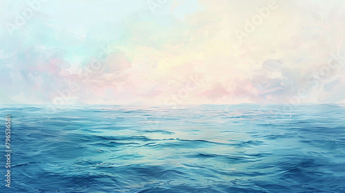 Subtle gradients of color blending harmoniously through precise watercolour techniques, resulting in a tranquil seascape against a backdrop of serene, blended paint wash.