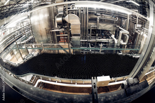 Beer bottling conveyor belt in brewing factory