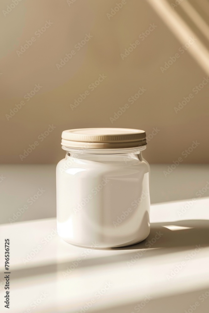 A pristine white ceramic jar is captured in a sun-drenched scene A pristine white ceramic jar is captured in a sun-drenched scene