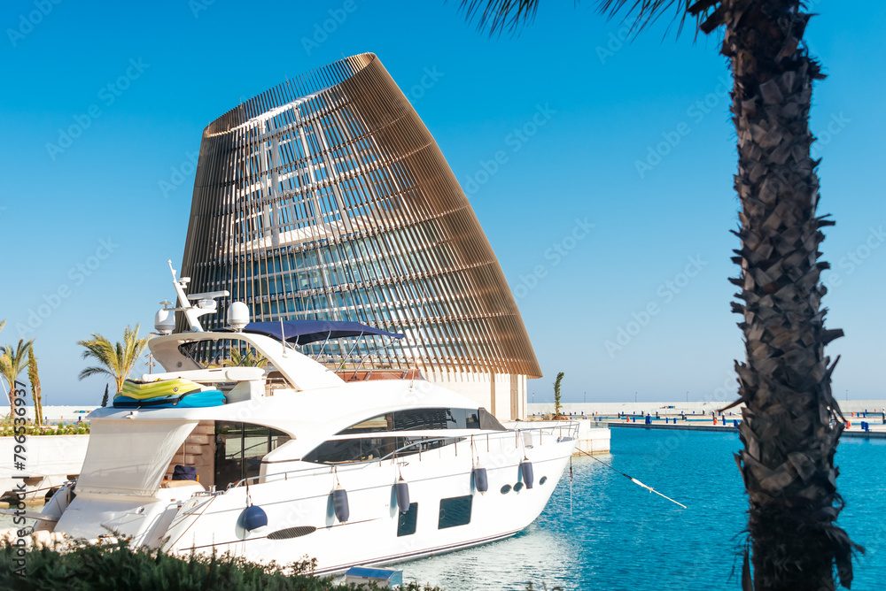 Obraz premium Luxury yacht moored in Ayia Napa marina. Famagusta District, Cyprus