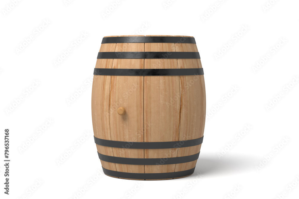 Vertical wooden barrel against plain backdrop Vertical wooden barrel against plain backdrop