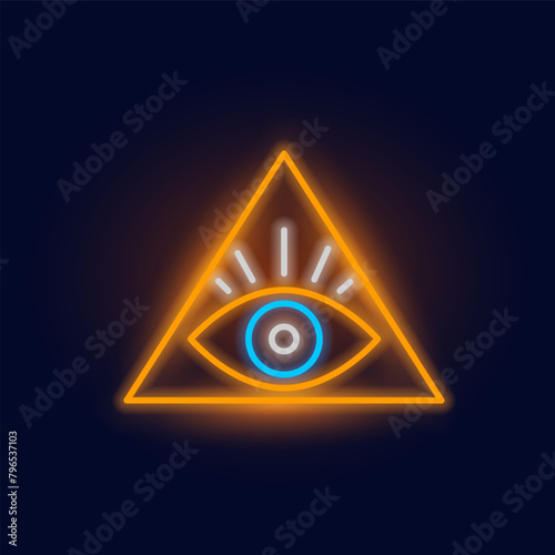 Fashion Eye of Providence neon sign. Night bright signboard, Glowing light. Summer logo, emblem for Club or bar concept