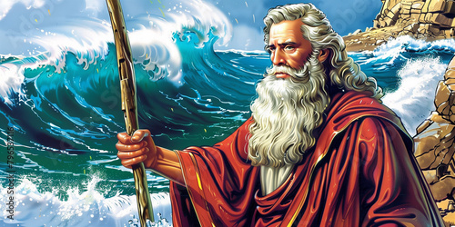 Moses with his staff parting the Red Sea illustration