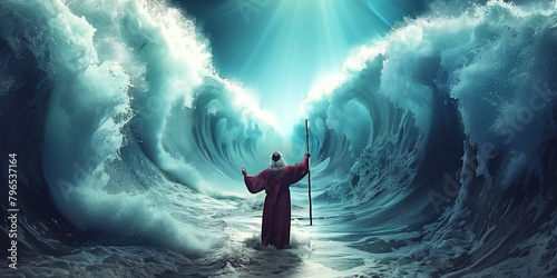 Moses with his staff parting the Red Sea illustration photo