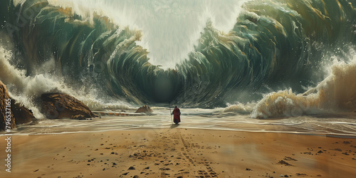 Moses with his staff parting the Red Sea illustration