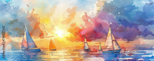 At a sailing regatta, graceful boats glide across the sea against a vibrant sunset and billowing clouds, highlighting the beauty and thrill of sailing on open waters. photo