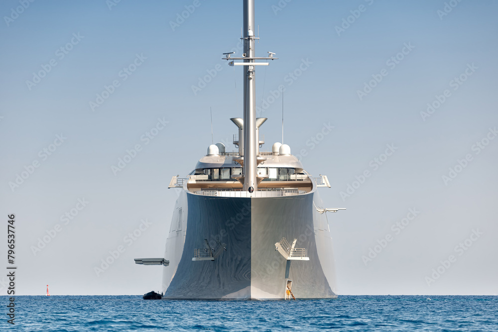 Front view of a luxury Mega Yacht in Mediterranean sea