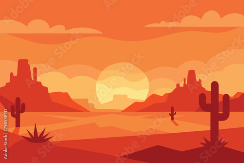 Day in Vast Western American Desert with Cactus Horizon Landscape Illustration design