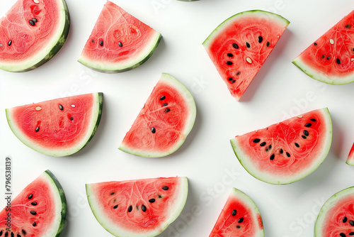 Minimalist yet captivating image focusing on the intricate details and aroma of sliced ​​watermelon slices elegantly placed on a white surface