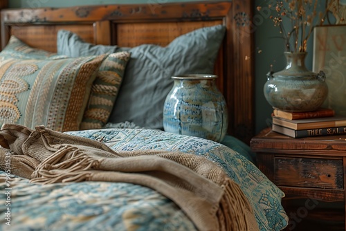 A cozy bedroom with stylish decor, a wooden bedside table, a pottery jar, a book, lovely bed linens, a blanket, pillows, and other personal items