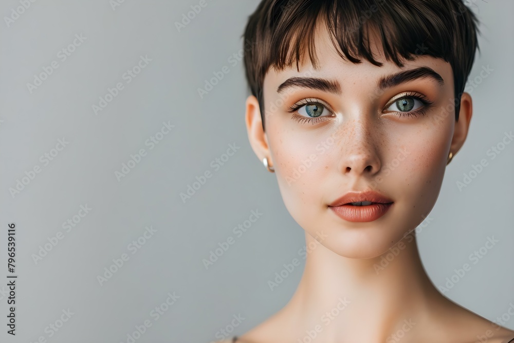 Stylish Portrait of a Young Female Model with a Short Haircut on a Grey Background. Concept Portrait Photography, Female Model, Short Haircut, Stylish Poses, Grey Background Stylish Portrait of a Young Female Model with a Short Haircut on a Grey Background. Concept Portrait Photography, Female Model, Short Haircut, Stylish Poses, Grey Background