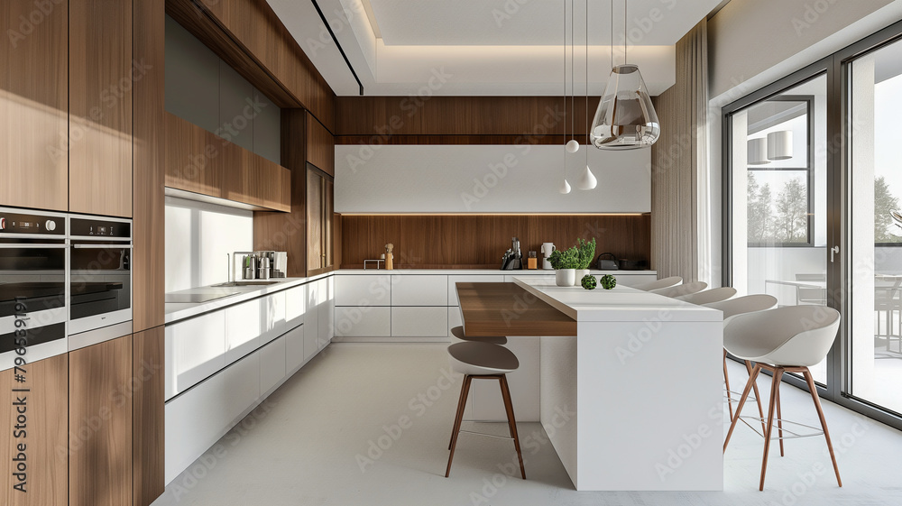 Fototapeta premium Classic Scandinavian kitchen with wooden details. minimalist interior design