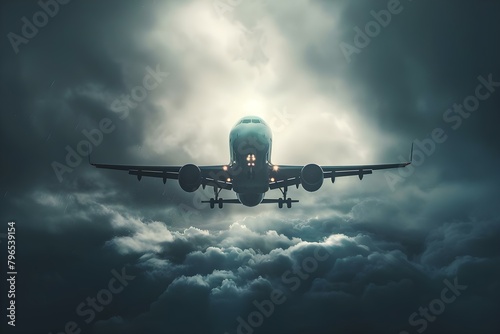 Monochrome Image of Cloudy Sky with Illuminated Airplane. Concept Monochrome, Cloudy Sky, Airplane, Illuminated, Photography