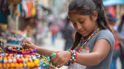A girl selling handmade bracelets on the street to tourists.