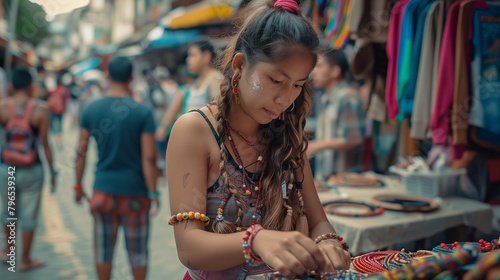 A girl selling handmade bracelets on the street to tourists.