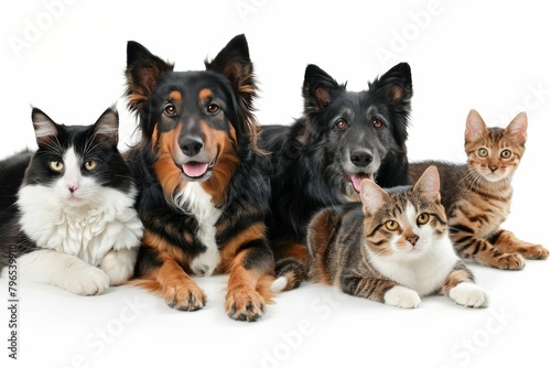 Assorted cats and dogs in high quality studio portrait on white background with space for text