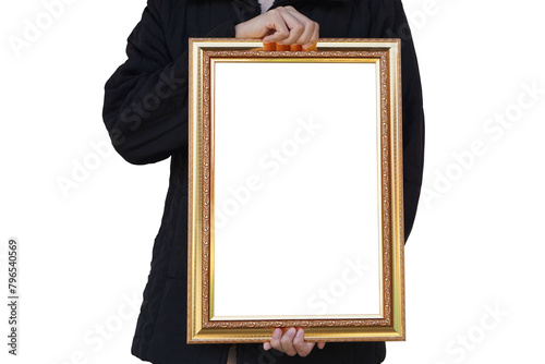 Closeup man holds empty photo frame or blank diploma certificate frame. Copy space for adding text or photos. Concept : Proud, memories and nostalgia .      