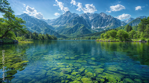 Fototapeta Naklejka Na Ścianę i Meble -  Idyllic mountainous landscape photograph featuring a serene crystal clear lake with aquatic plants